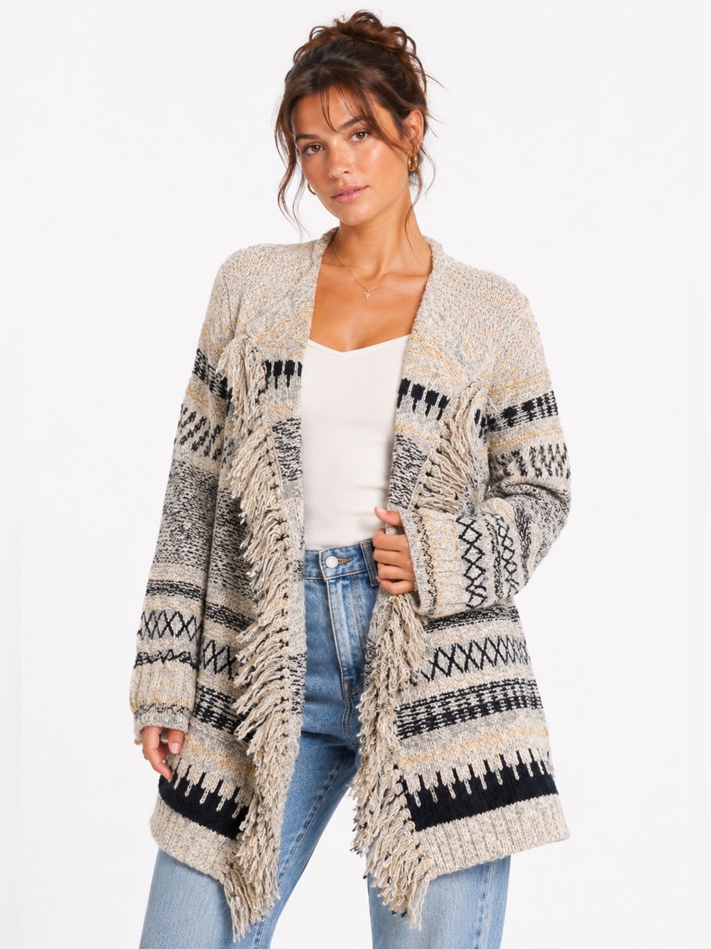 Cabi Boho Southwestern Fringe Cardigan with Pockets (White/Black/Cream) Small